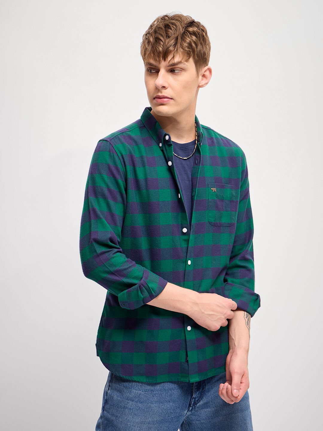 THE BEAR HOUSE Men Button-Down Collar Checked Cotton Slim Fit Casual Shirt