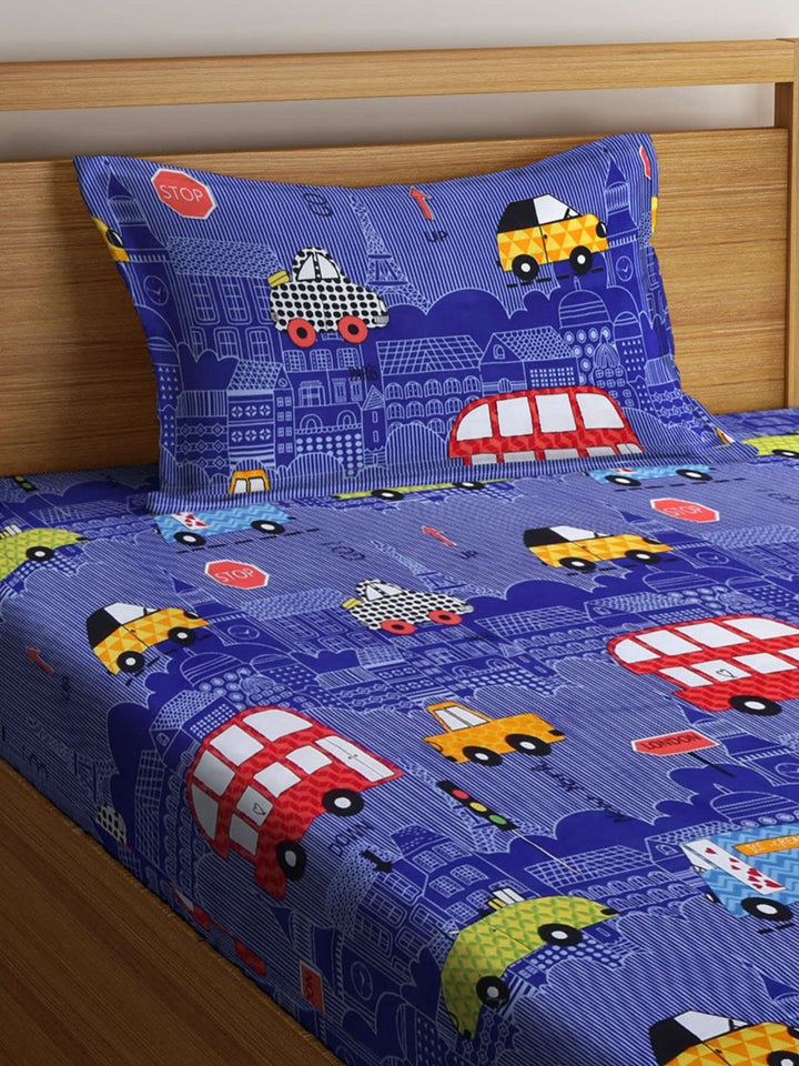 Myntra Elegant Homes Blue Graphic Polycotton 300 TC Single Cadar Halus dengan Sarung Bantal-79 x 59 inci
