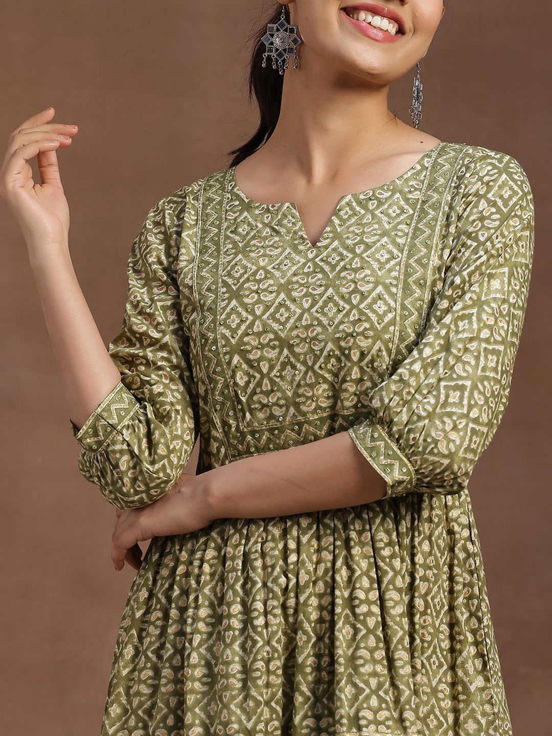 Libas Women Ethnic Motifs Print Puff Sleeve Layered A-Line Midi Dress