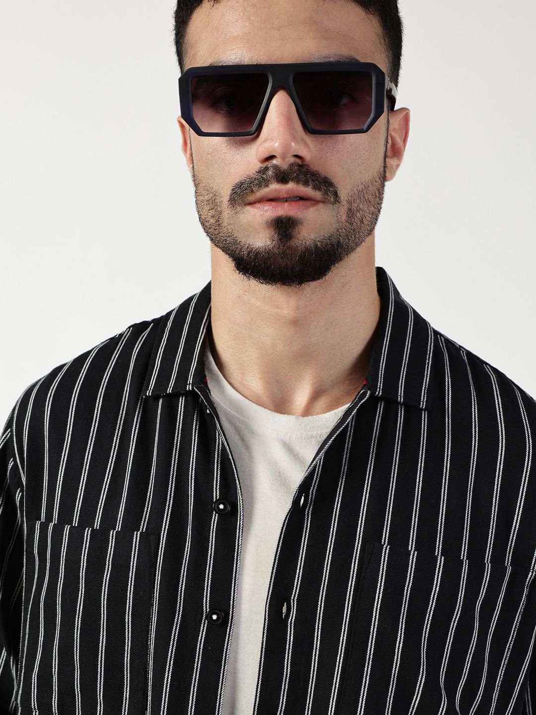 Thomas Scott Men Premium Spread Collar Vertical Striped Cotton Slim Fit Casual Shirt