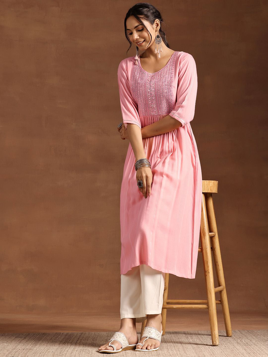 Libas Floral Yoke Design Mirror Work Pleated A-Line Kurta