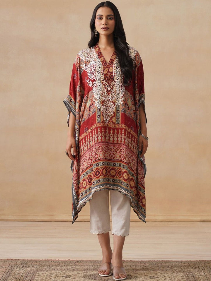 House of Chikankari Women Rust Printed Crepe Kaftan Kurta
