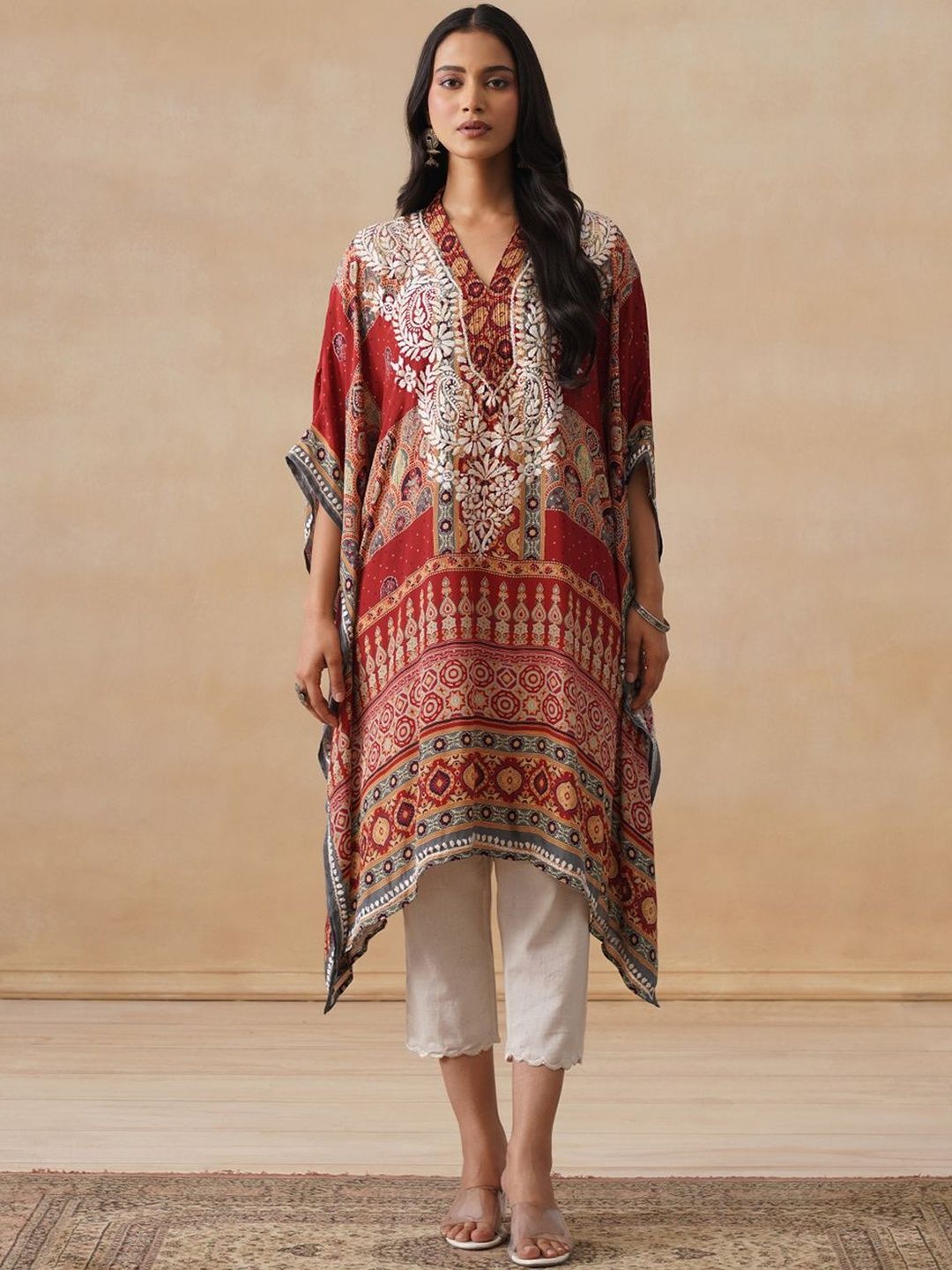 House of Chikankari Women Rust Printed Crepe Kaftan Kurta