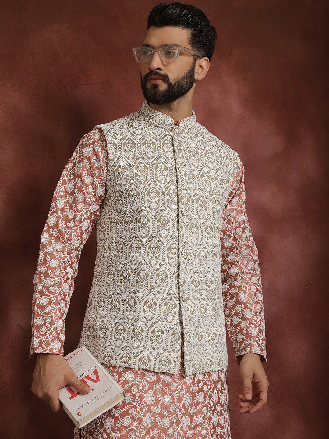 Anouk Floral Embroidered Thread Work Straight Kurta With Pyjama & Nehru Jacket