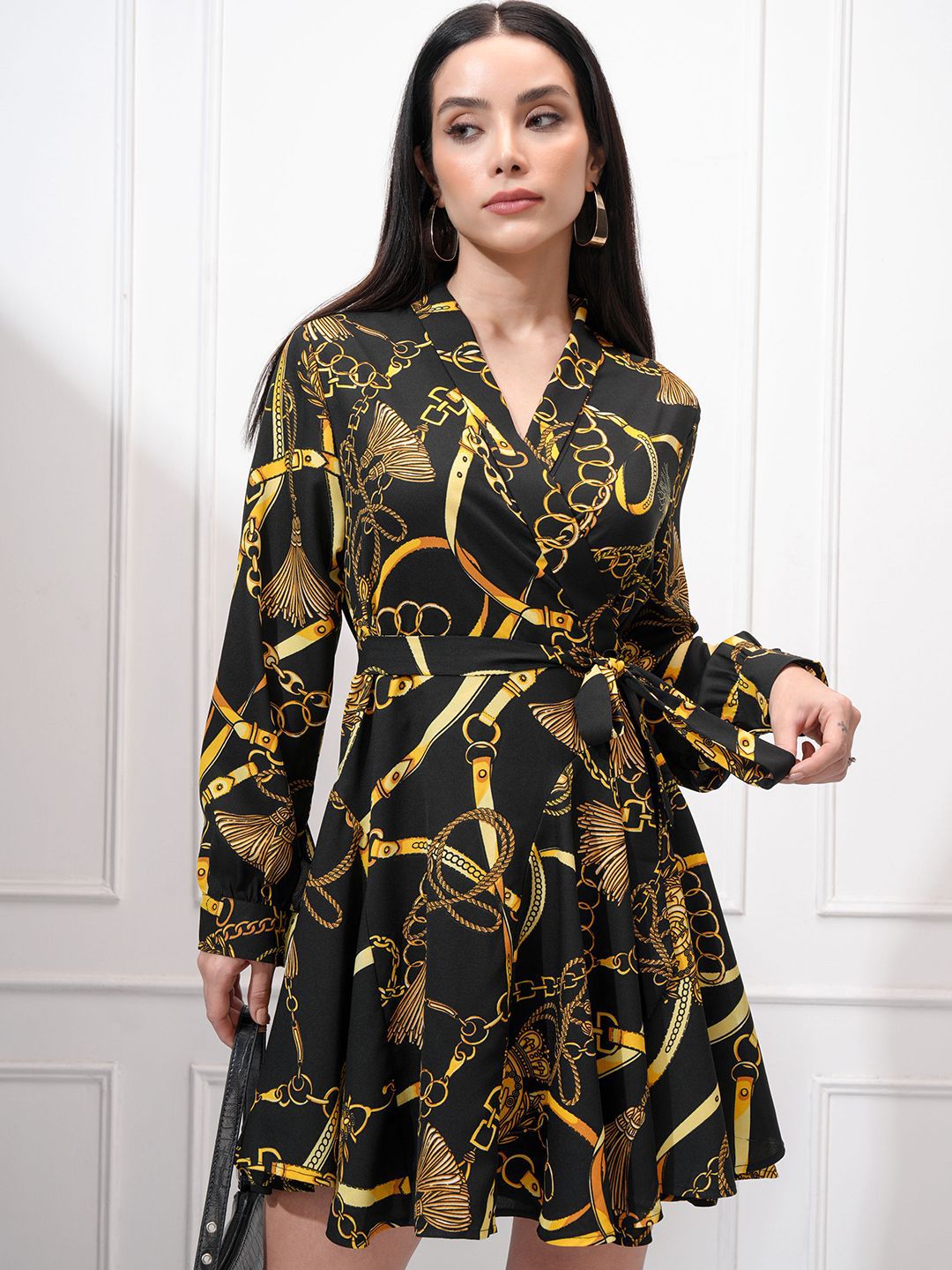 Tokyo Talkies Women Printed Satin Mini Wrap Dress