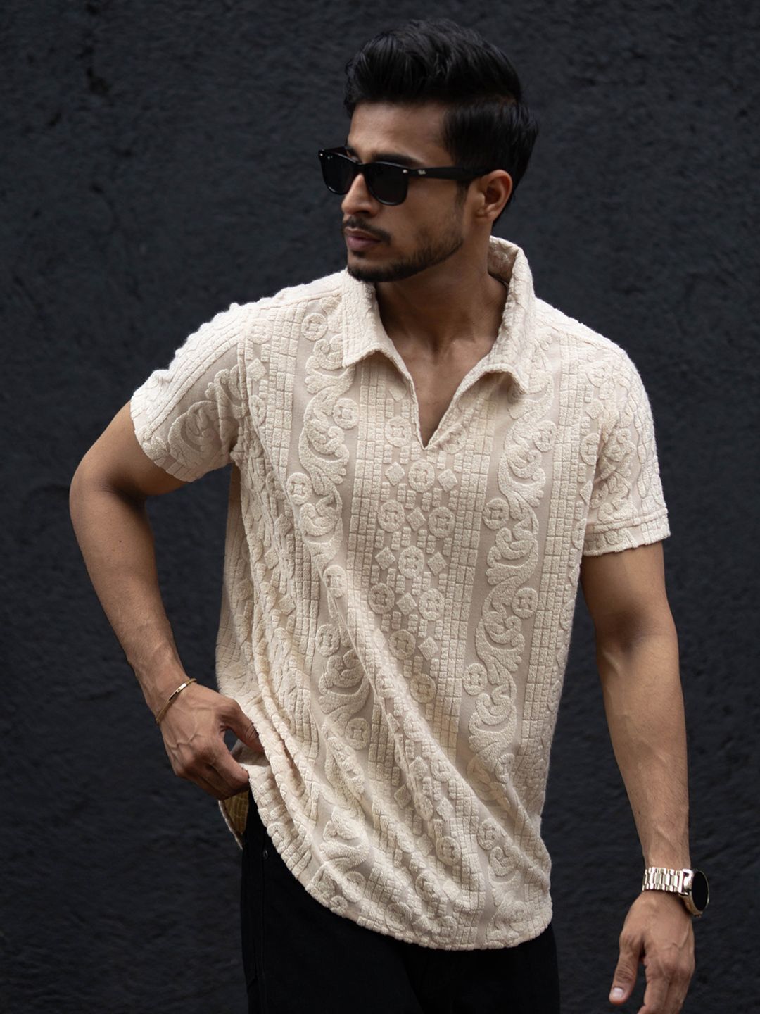 Powerlook Men Self Design Polo Collar T-shirt