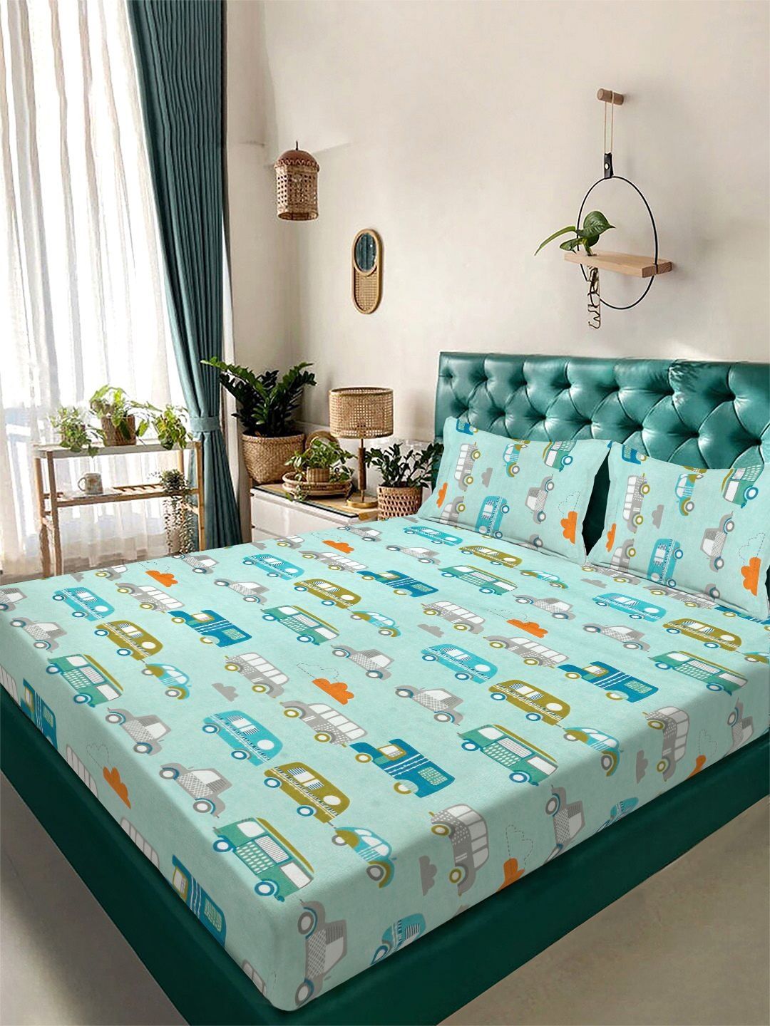 KLOTTHE Grey & Green Cartoon Flat Printed 300 TC Double King Bedsheet With 2 Pillow Cover