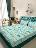 KLOTTHE Grey & Green Cartoon Flat Printed 300 TC Double King Bedsheet With 2 Pillow Cover