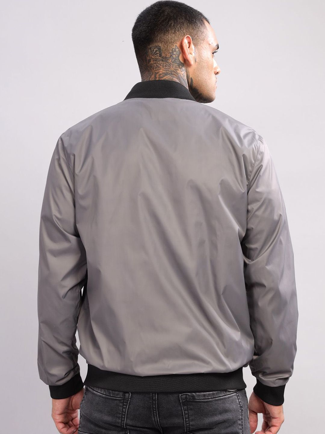 ADRO Men Stand Collar Solid Casual Bomber Jacket