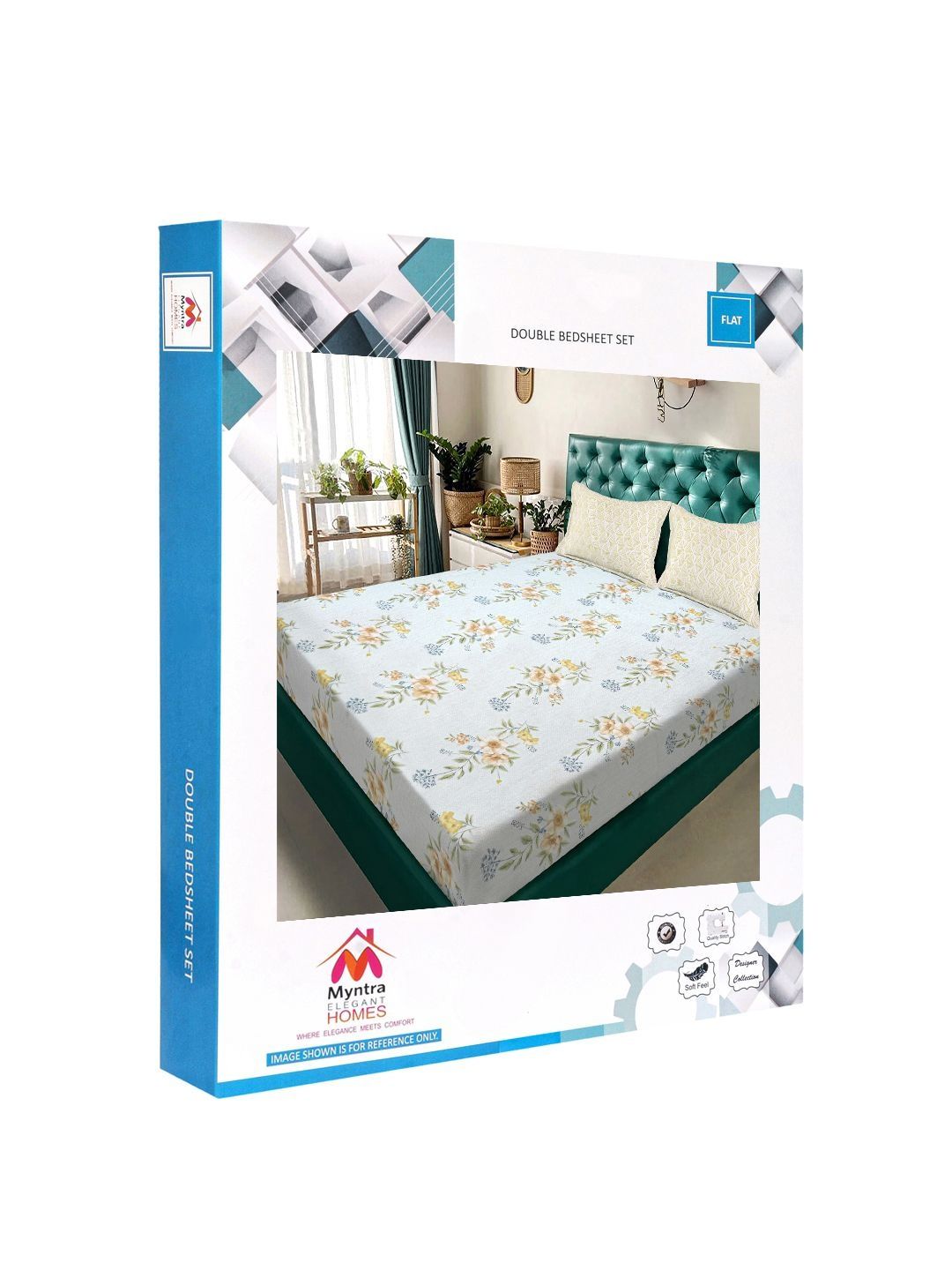 Myntra Elegant Homes Blue & Yellow Floral 300 TC King Bedsheet with 2 Pillow Covers