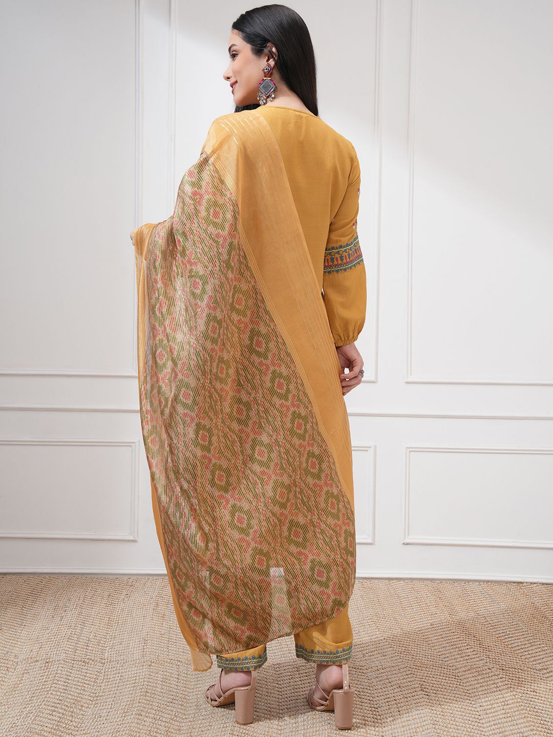 Vishudh Floral Embroidered Tie-Up Neck Thread Work A-line Kurta With Trouser And Dupatta