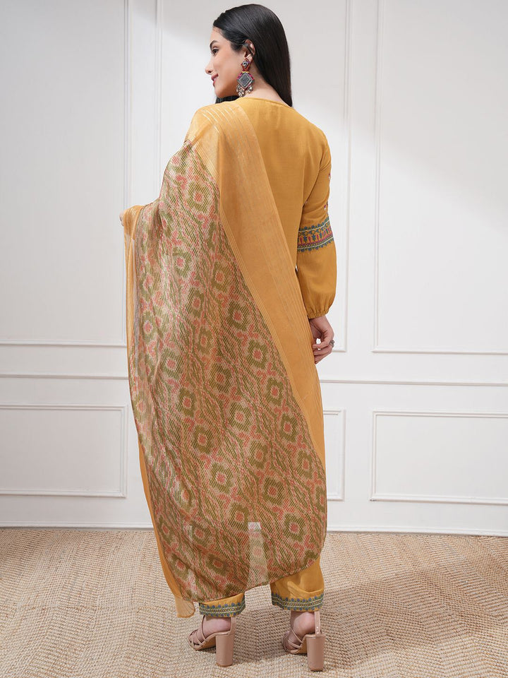 Vishudh Floral Embroidered Tie-Up Neck Thread Work A-line Kurta With Trouser And Dupatta
