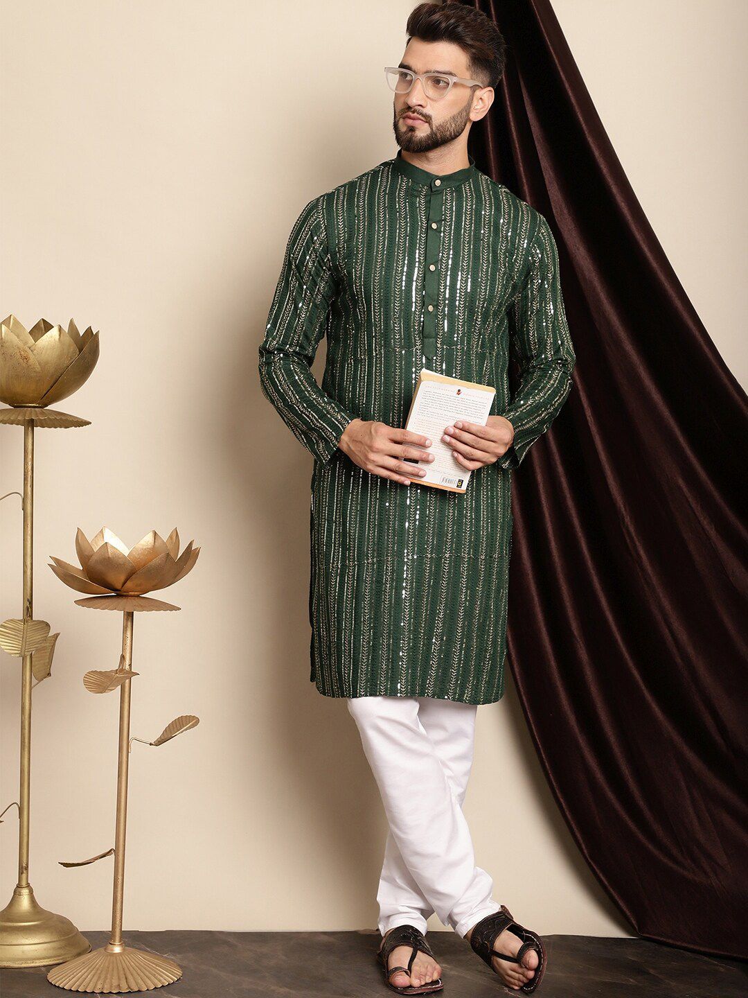 Anouk Embroidered Band Collar Pure Cotton Regular Kurta with Churidar