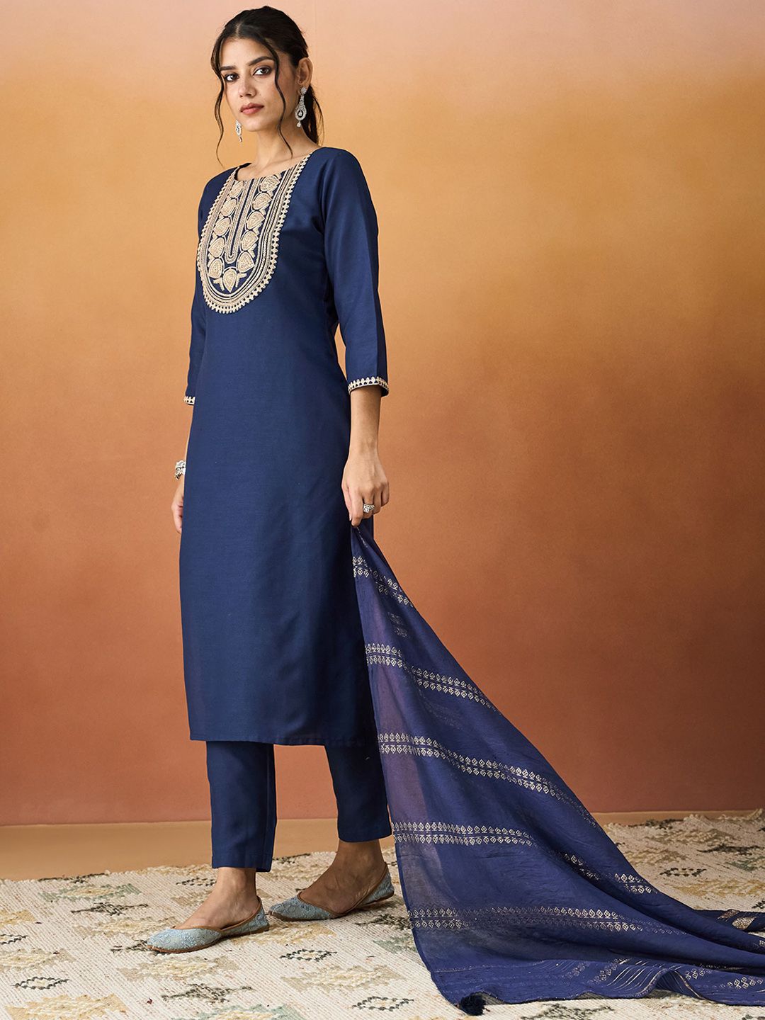 KALINI Ethnic Motifs Embroidered Straight Kurta With Trousers & Dupatta
