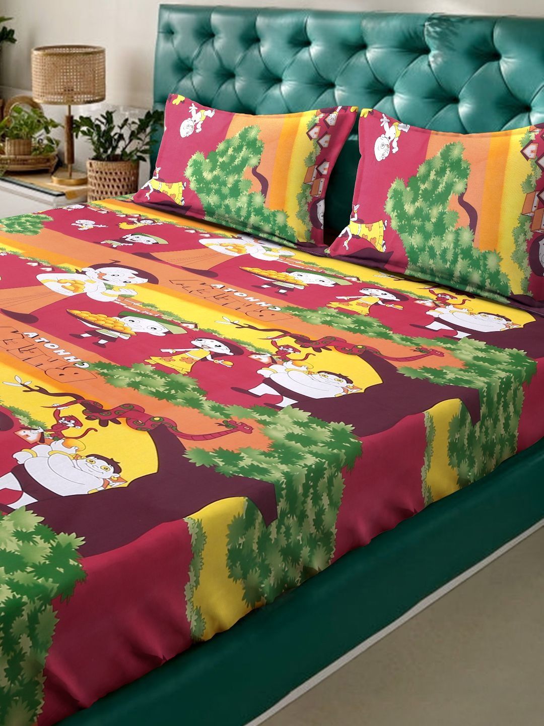 Myntra Elegant Homes Kartun Merah Cetakan Kapas 400TC King Cadar Katil Double & 2 Sarung Bantal