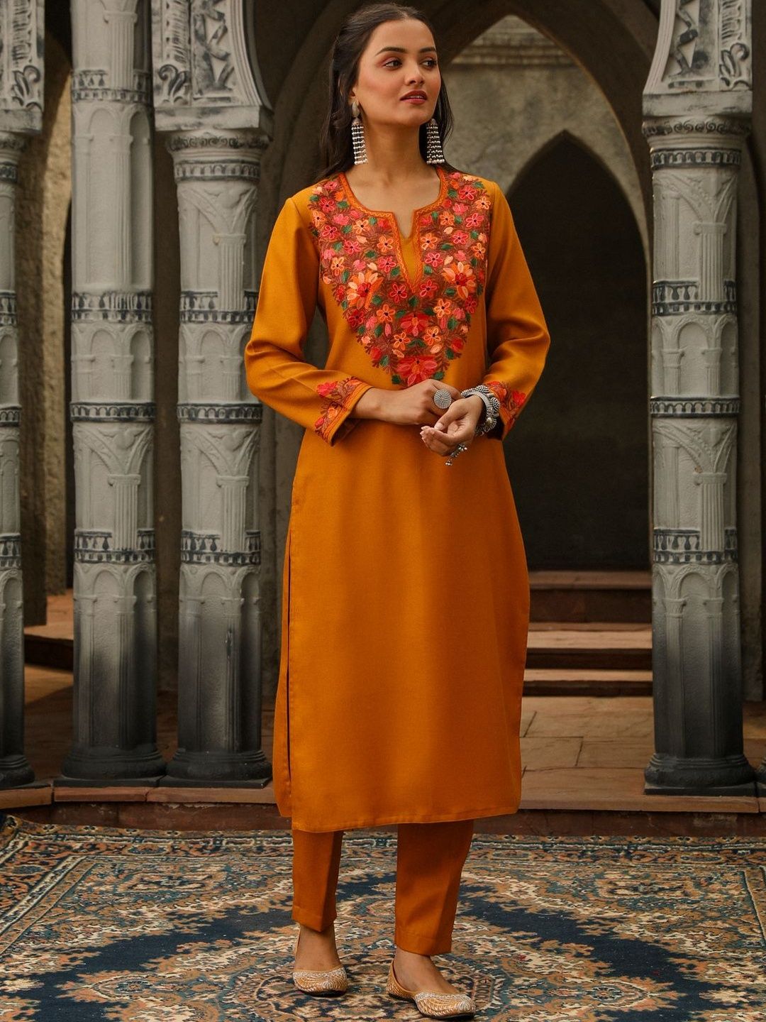 House of Chikankari Women Mustard Yellow Woollen Aari Embroidered Kurta Set
