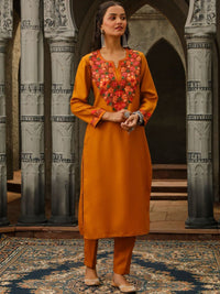 House of Chikankari Women Mustard Yellow Woollen Aari Embroidered Kurta Set