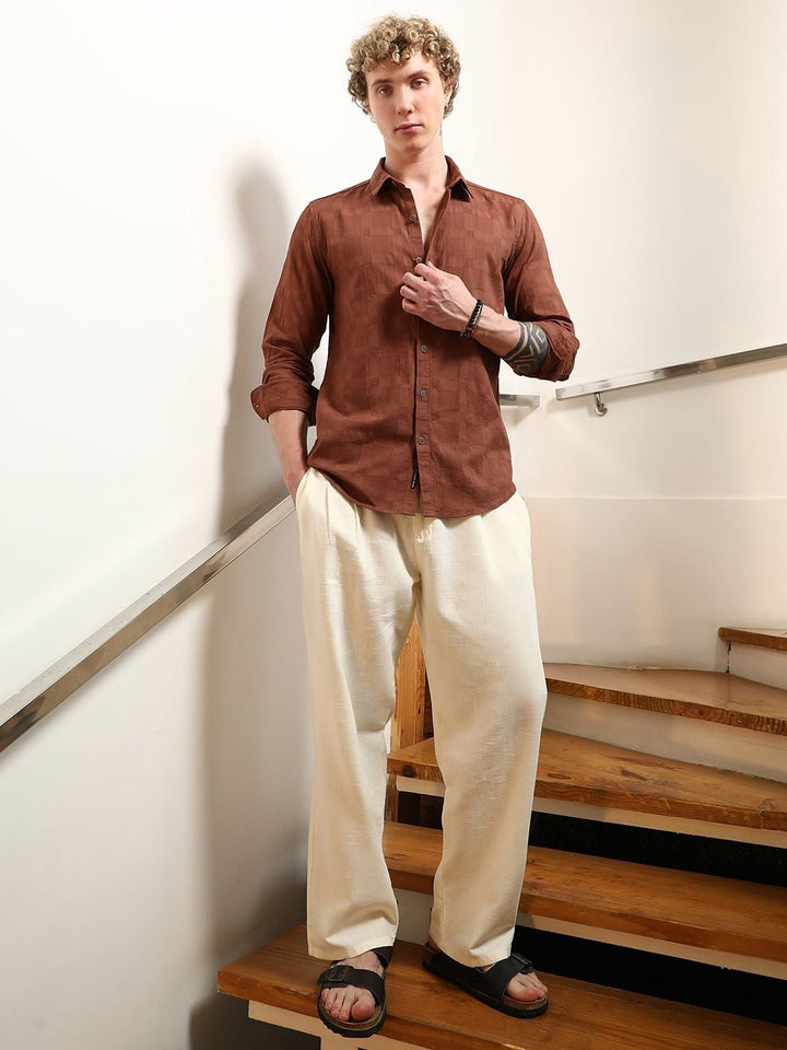 Campus Sutra Comfort Textured Spread Collar Cotton Casual Shirt