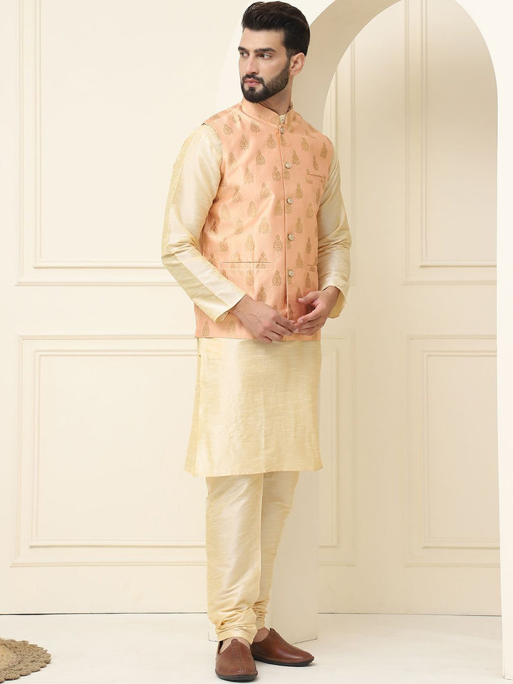 SOJANYA Mandarin Collar Silk Cotton Kurta With Churidar & Woven Design Nehru Jacket
