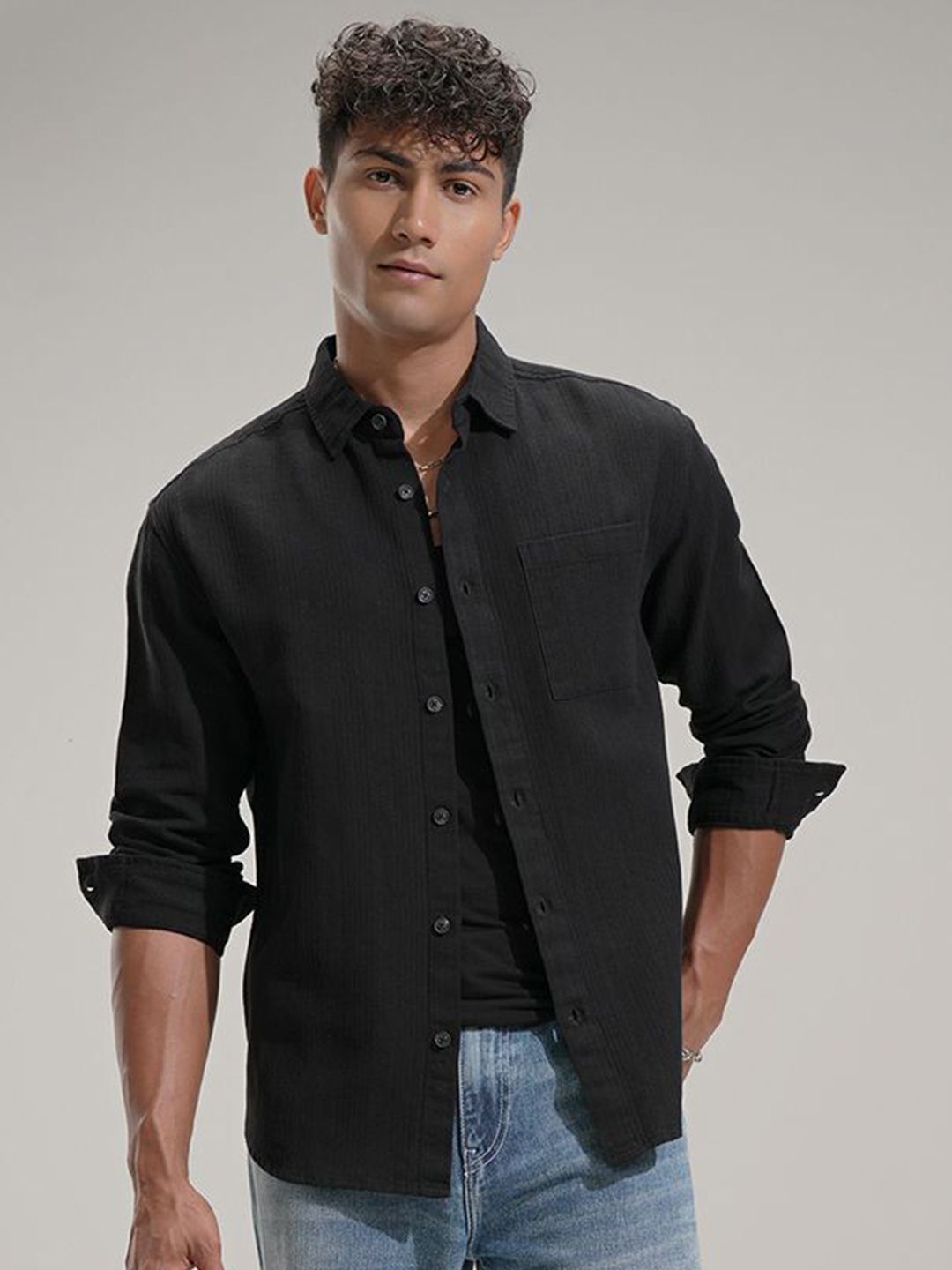 HIGHLANDER Men Comfort Relaxed Fit Textured Spread Collar Cotton Casual Shirt