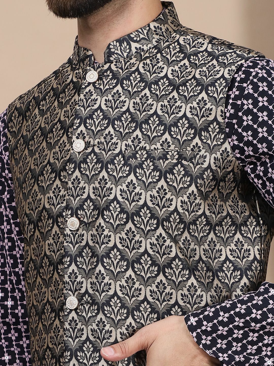 Anouk Geometric Embroidered Pure Cotton Straight Kurta With Churidar & Nehru Jacket