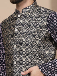Anouk Geometric Embroidered Pure Cotton Straight Kurta With Churidar & Nehru Jacket