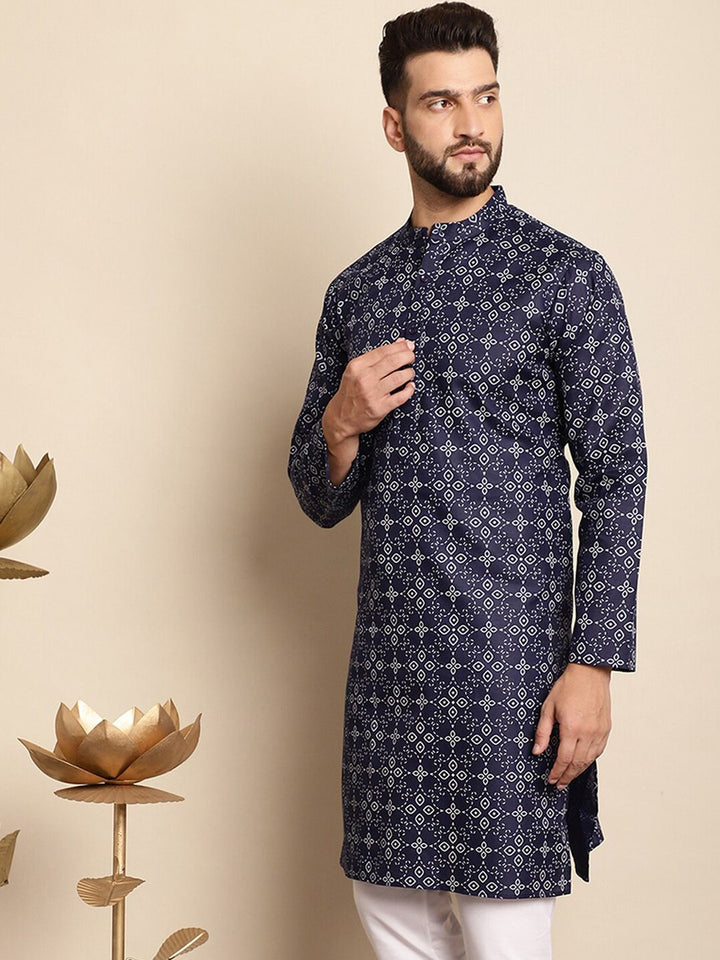 Anouk Men Navy Blue Geometric Printed Thread Work Kurta