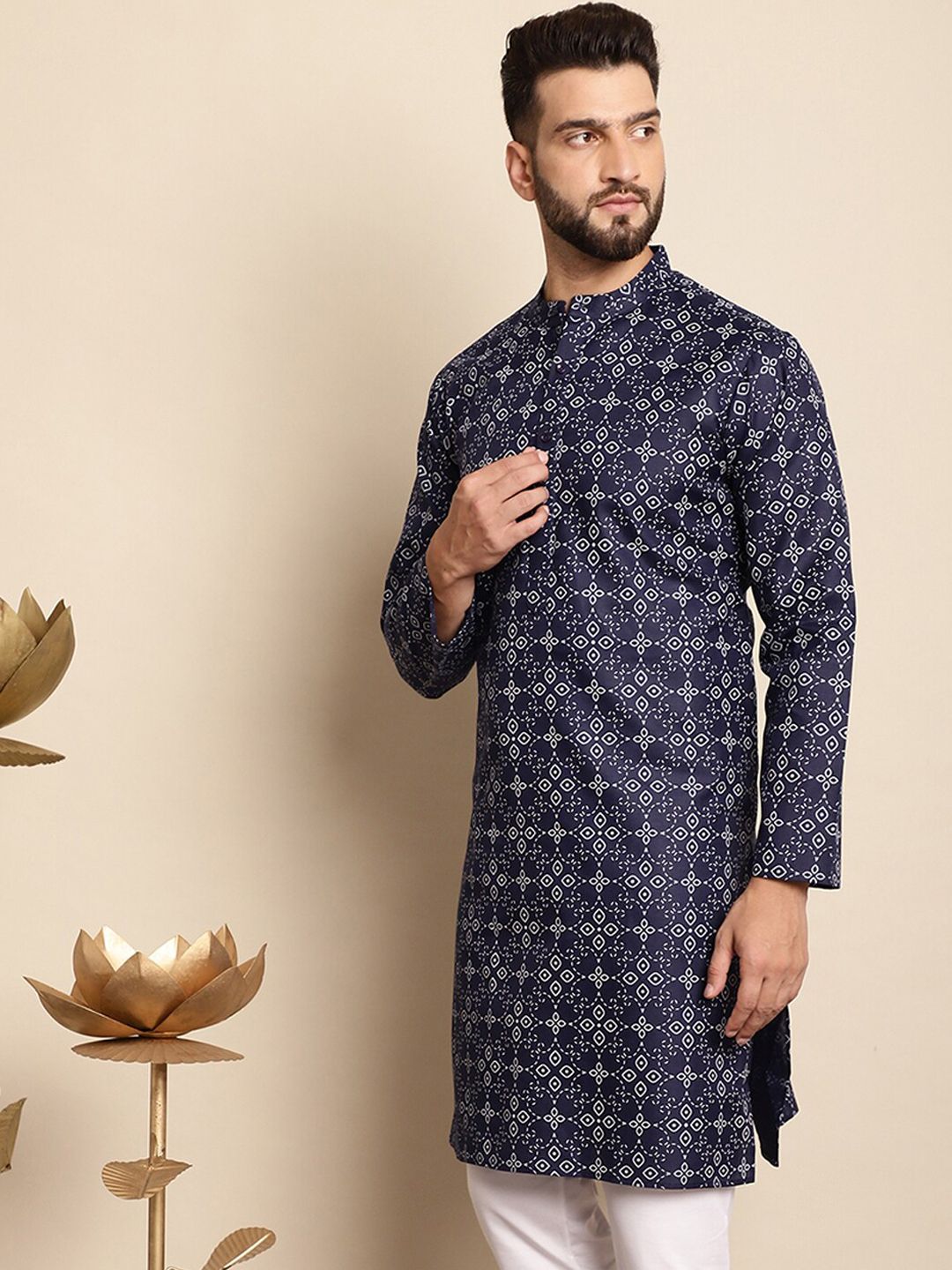 Anouk Men Navy Blue Geometric Printed Thread Work Kurta