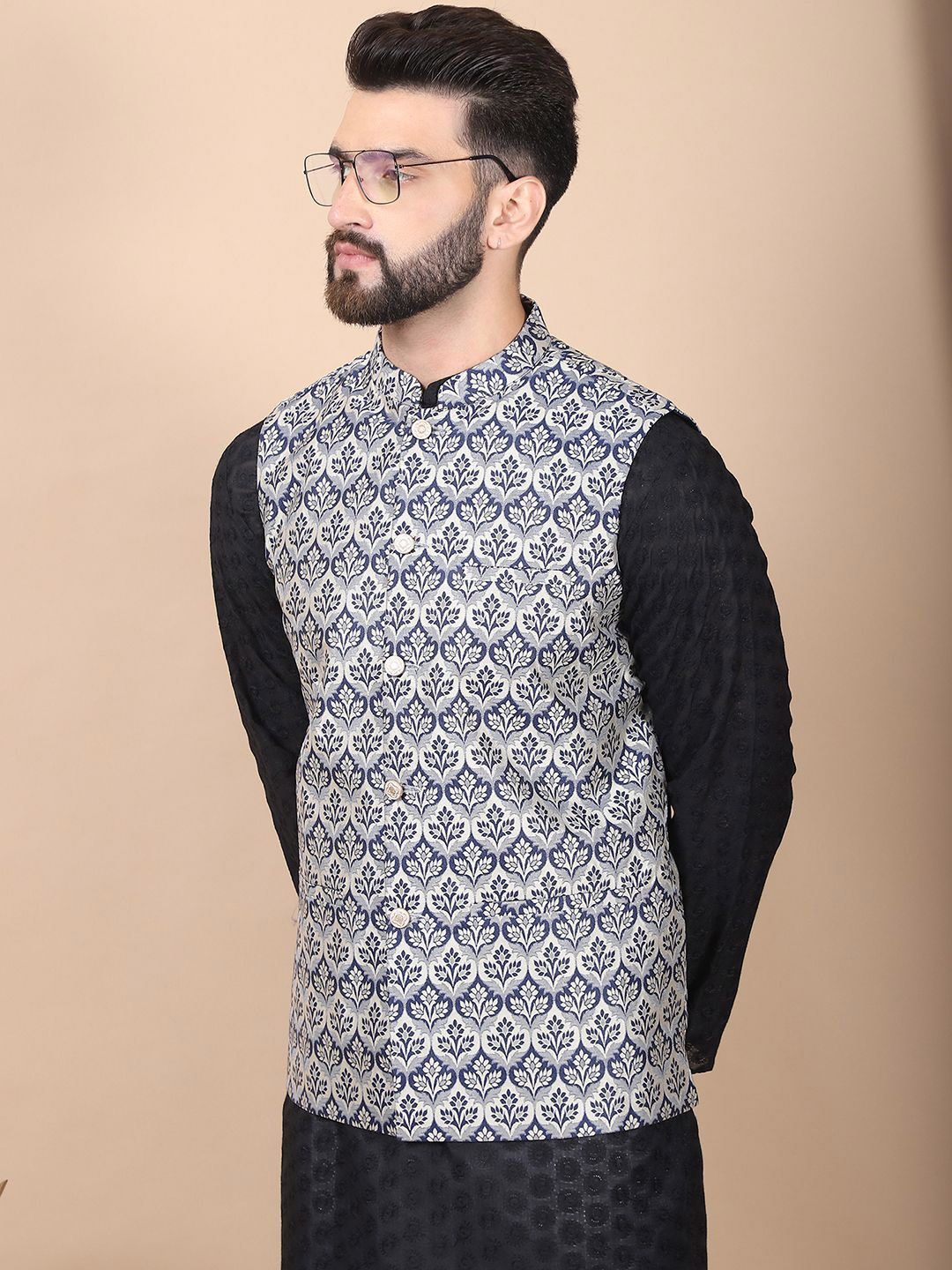 Anouk Black Floral Embroidered Thread Work Pure Cotton Kurta with Churidar & Nehru Jacket