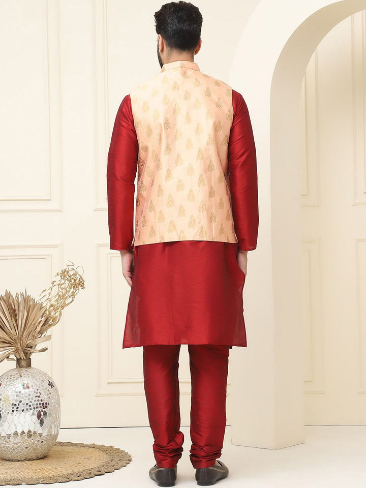 SOJANYA Mandarin Collar Zari Silk Cotton Straight Kurta with Pyjamas & Nehru jacket