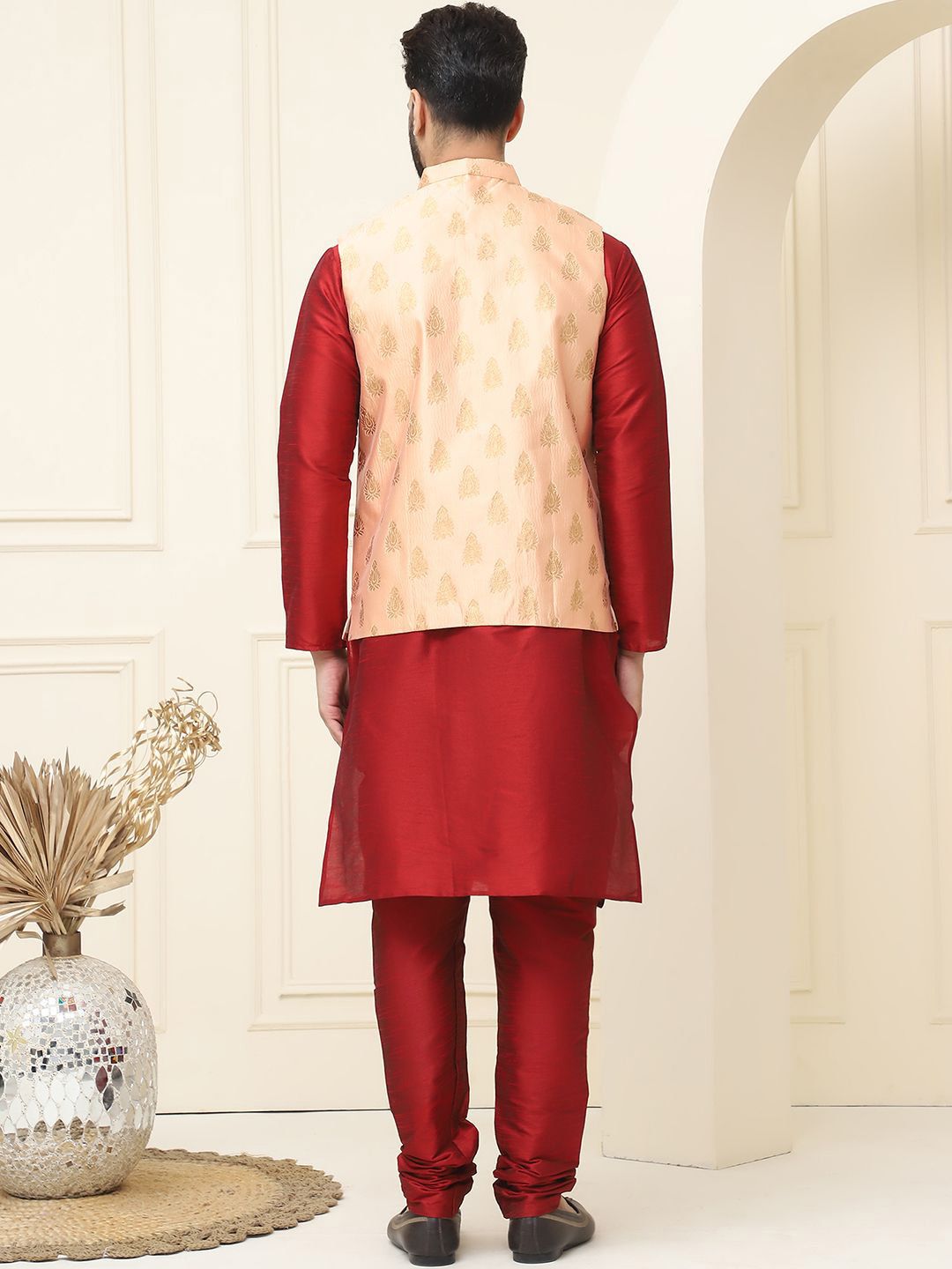 SOJANYA Mandarin Collar Zari Silk Cotton Straight Kurta with Pyjamas & Nehru jacket