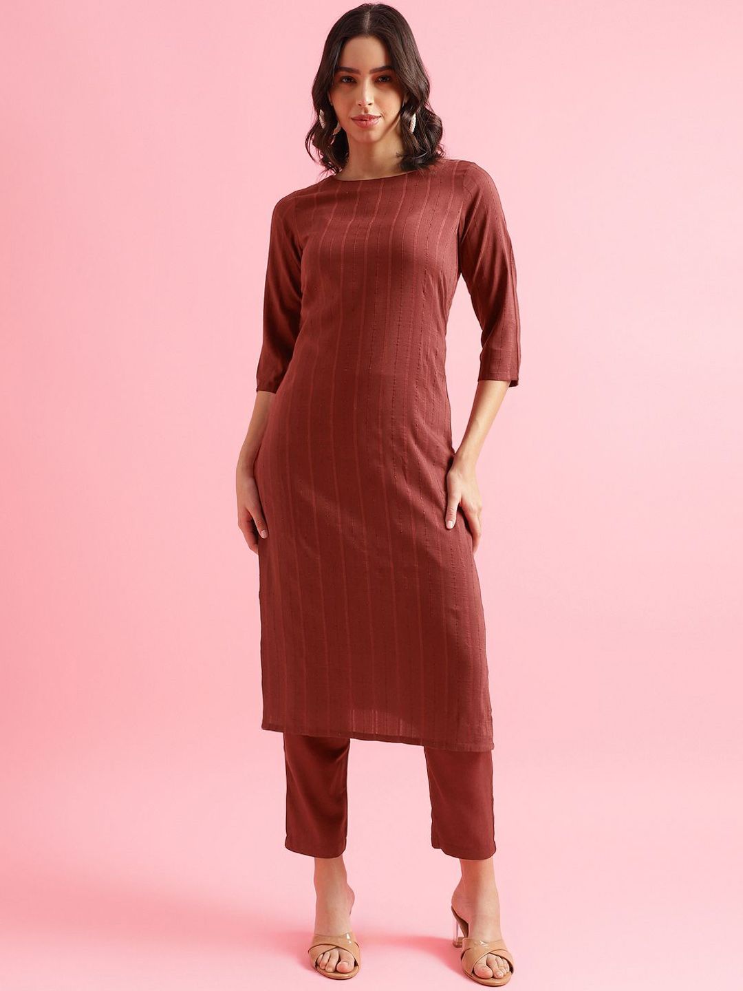 KALINI Striped Woven Design Straight Kurta with Trousers