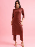 KALINI Striped Woven Design Straight Kurta with Trousers