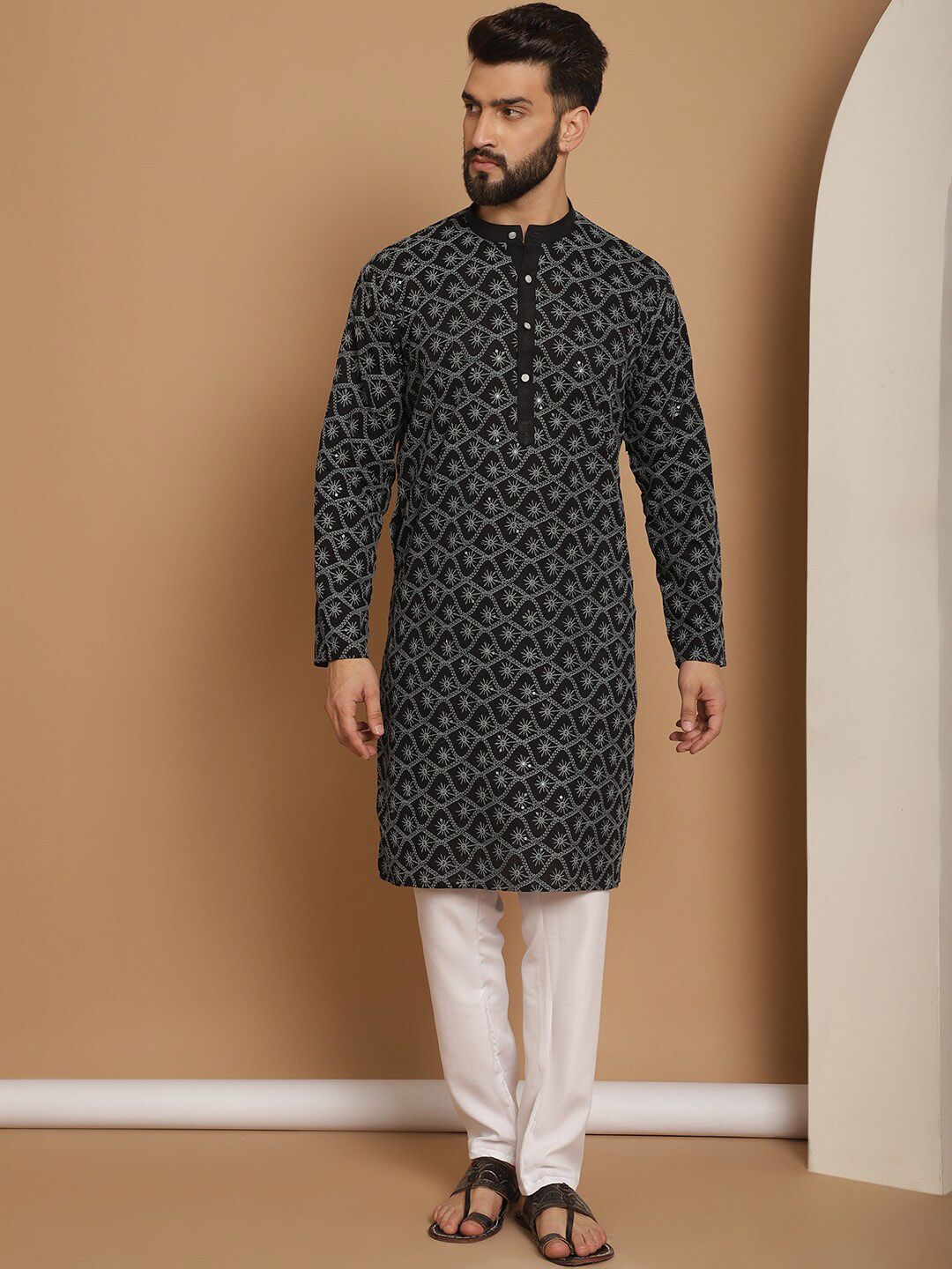 Anouk Ethnic Motifs Mandarin Collar Long Sleeves Pure Cotton Kurta Set