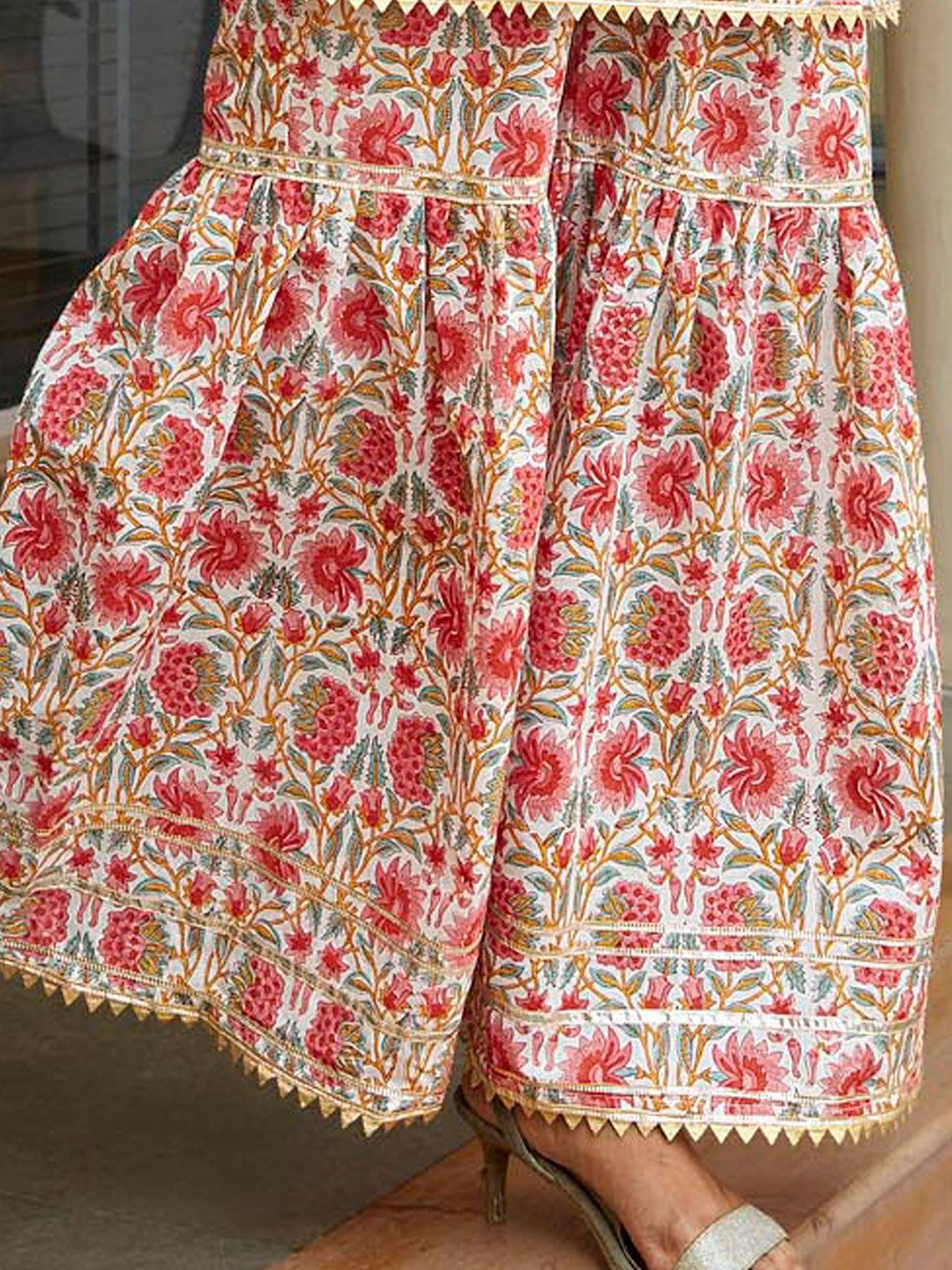 KALINI Floral Printed Sleeveless Gotta Patti Pure Cotton Straight Kurta With Sharara