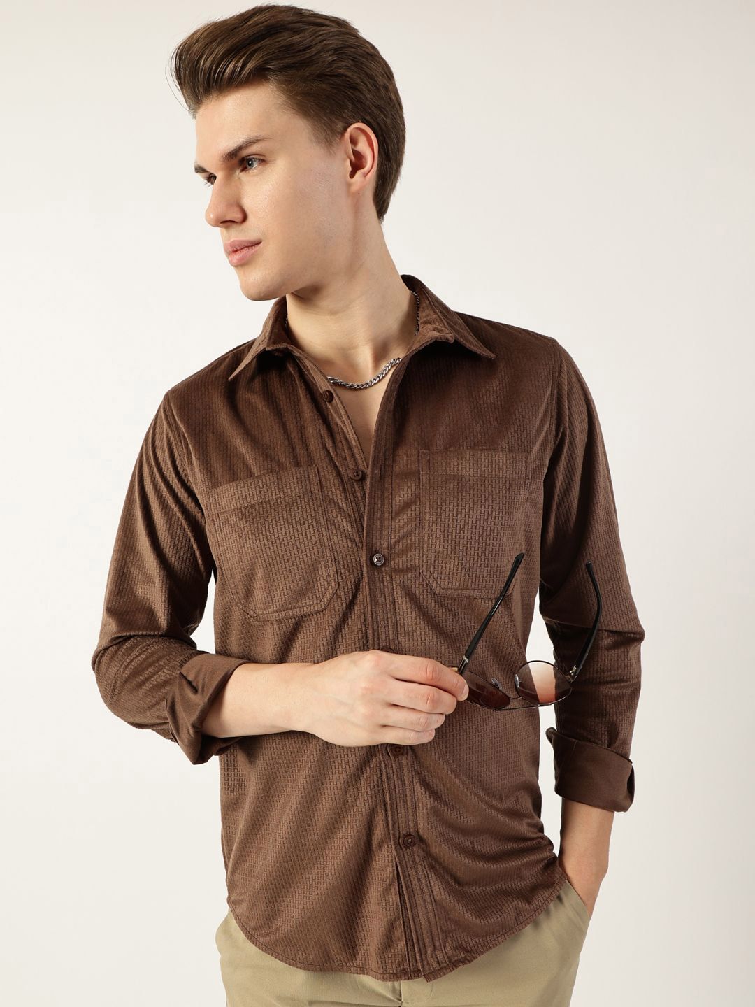 Thomas Scott Men Classic Spread Collar Textured Solid Slim Fit Casual Shirt