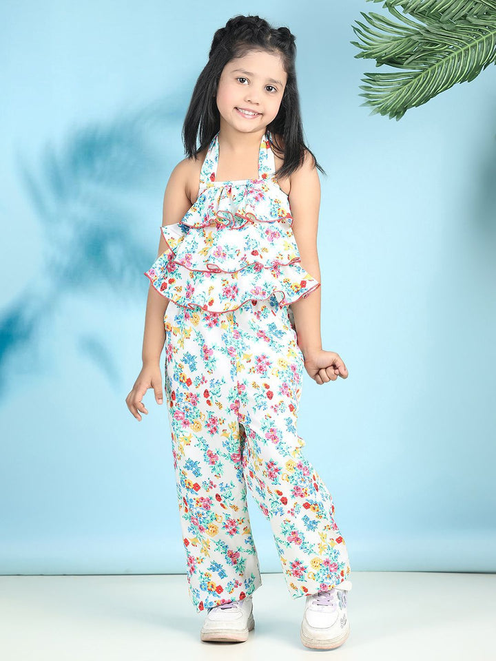 Cutiekins Girls Halter Neck Printed Basic Jumpsuit with Ruffles