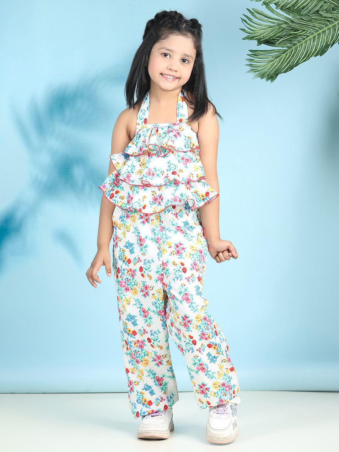 Cutiekins Girls Halter Neck Printed Basic Jumpsuit with Ruffles