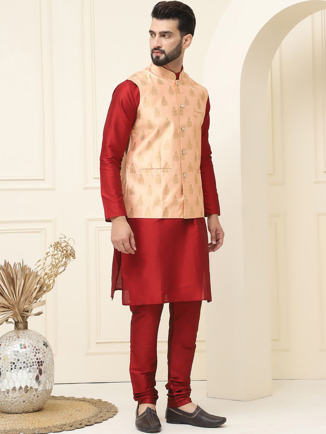 SOJANYA Mandarin Collar Zari Silk Cotton Straight Kurta with Pyjamas & Nehru jacket