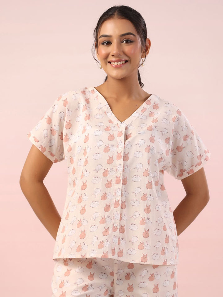 SANSKRUTIHOMES Women Printed V-Neck Pure Cotton Night Suit