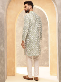 Anouk Green Floral Embroidered Mandarin Collar Kurta With Pyjama