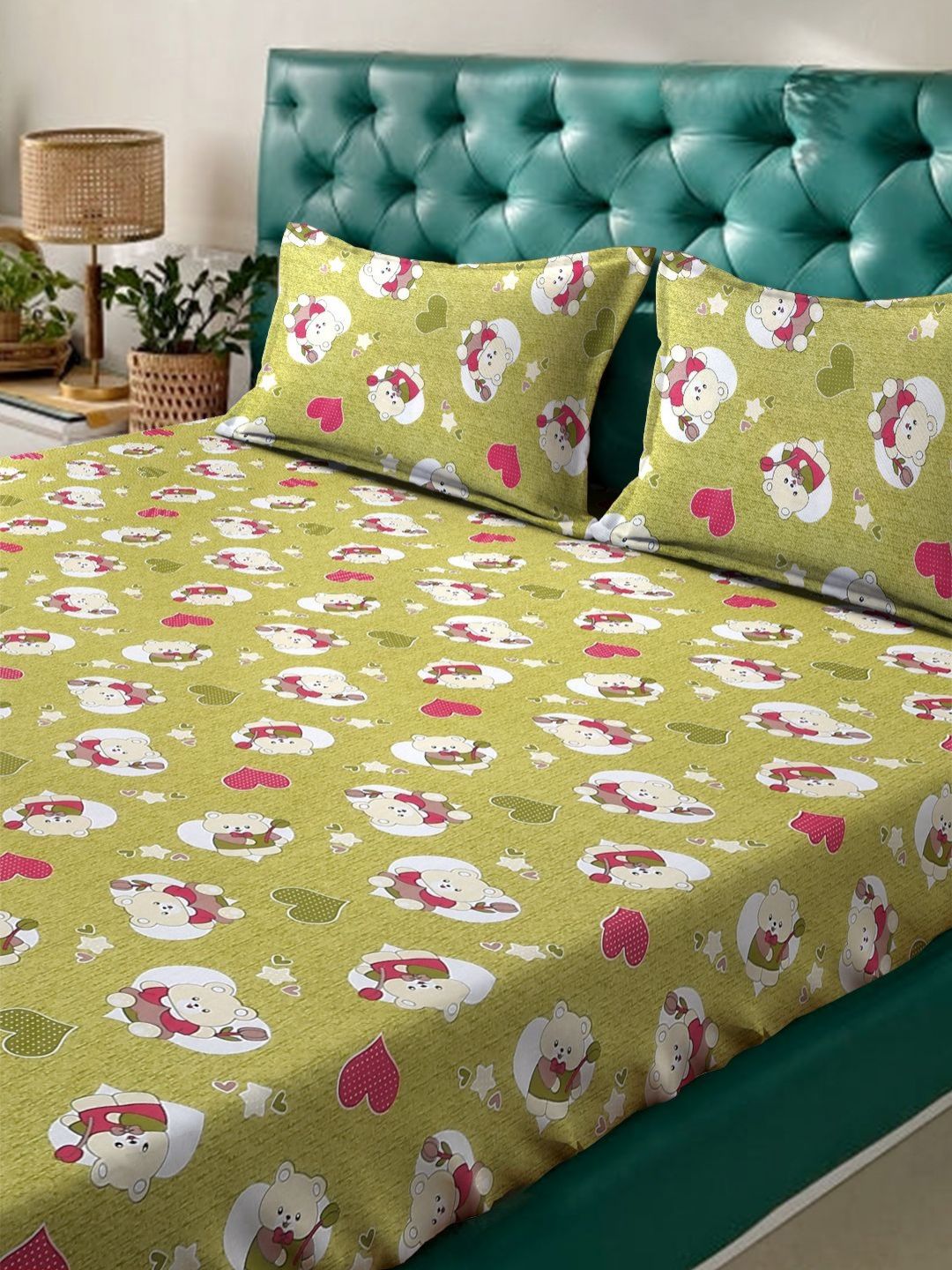 Myntra Elegant Homes Green Conversational Pure Cotton 400 TC Fitted King Superfine Bedsheet dengan 2 Sarung Bantal-98 x 89 inci