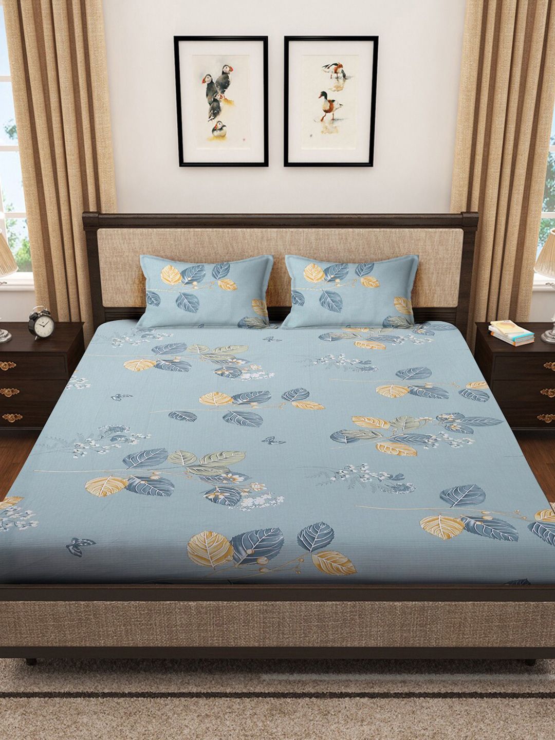 KLOTTHE Blue Leaf Pure Cotton 400 TC Dilengkapi Cadar dengan 2 Sarung Bantal-98 x 89 inci