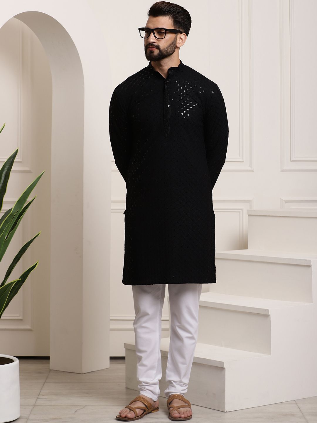 SOJANYA Lelaki Black Thread Work Kurta