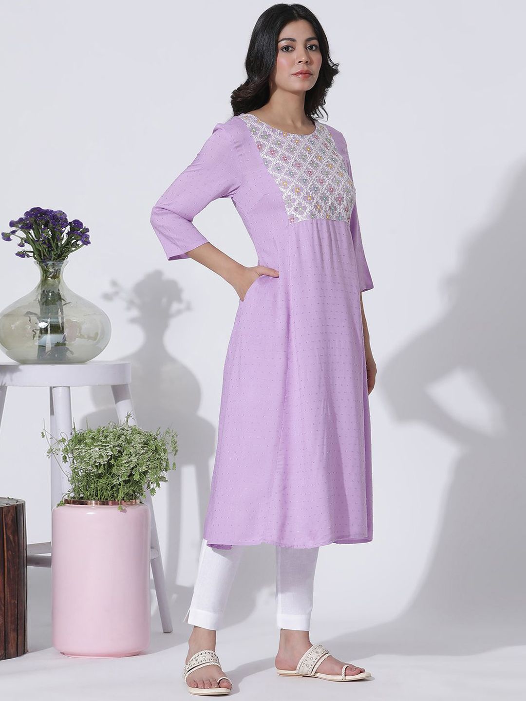 W Women Flared Sleeves Mirror Work Anarkali Kurta