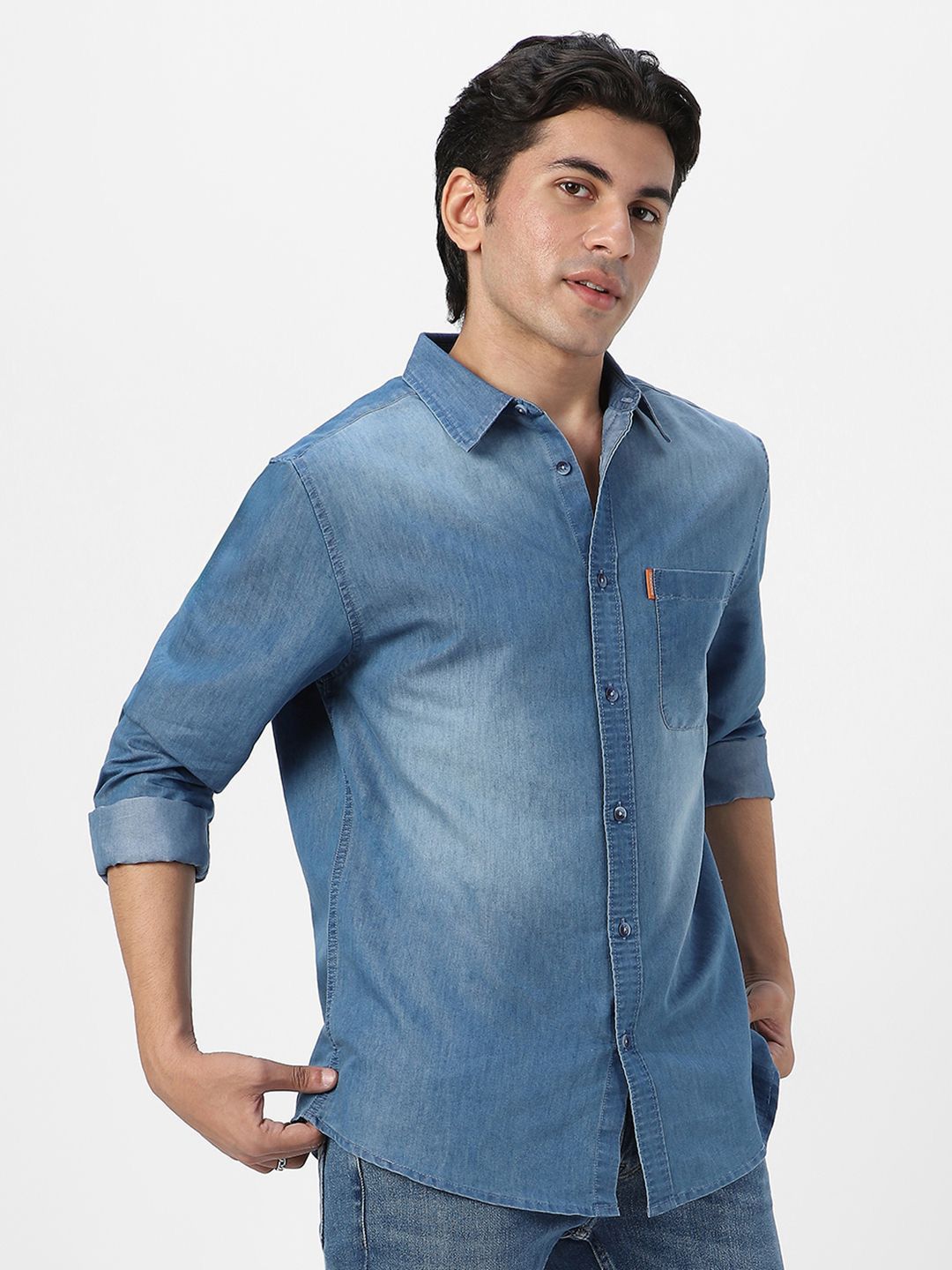 Urbano Fashion Men Spread Collar Solid Denim Casual Shirt