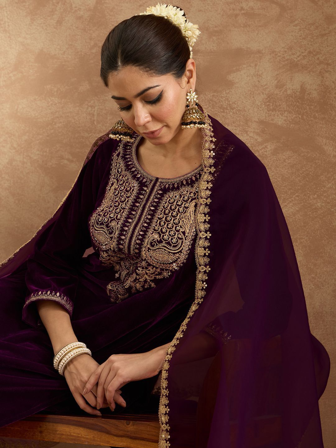 Indo Era Women Ethnic Motifs Embroidered Regular Velvet Kurta with Trousers & With Dupatta