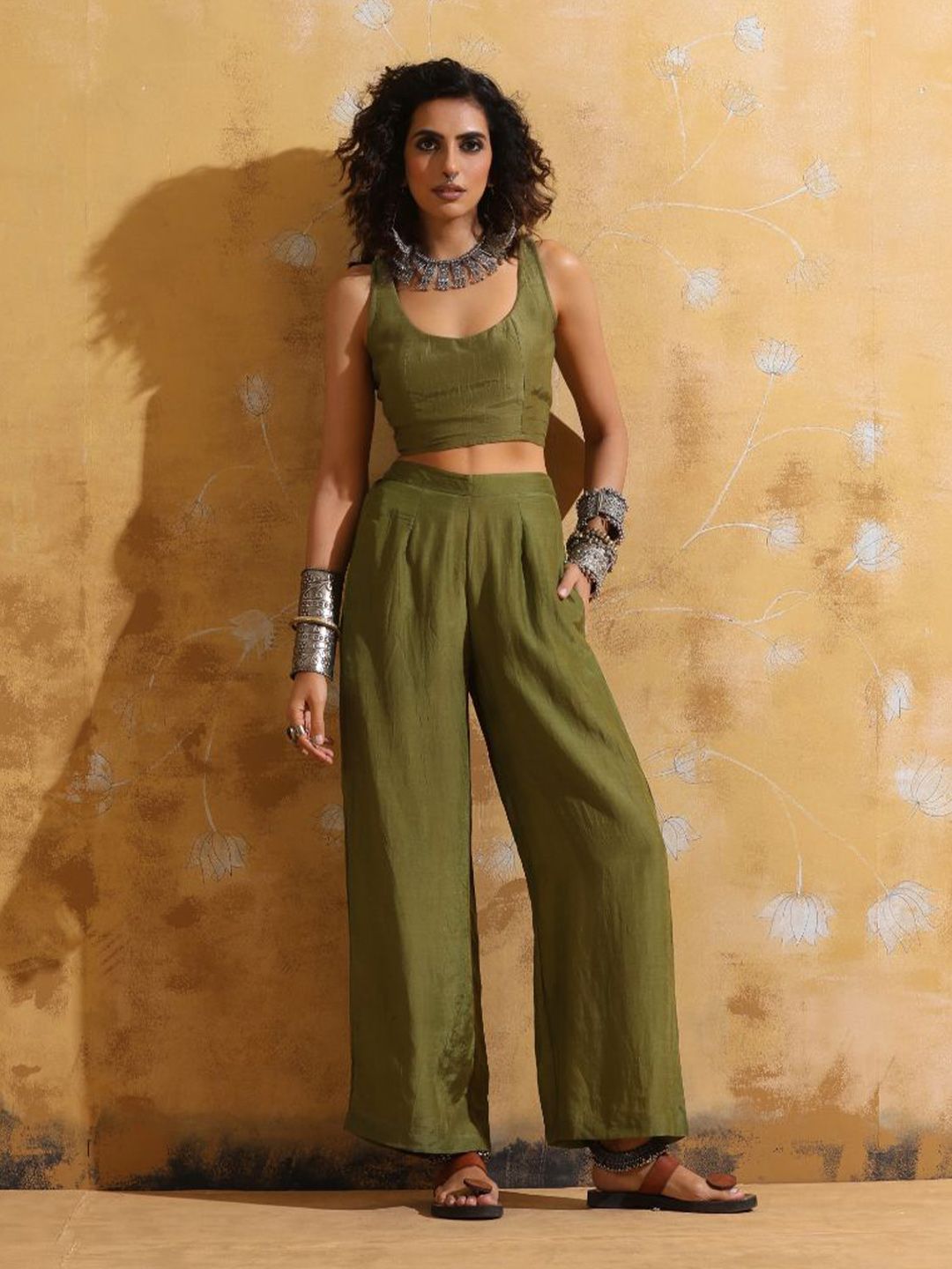 trueBrowns Printed Muslin Silk Top Jacket With Trousers Co-Ords