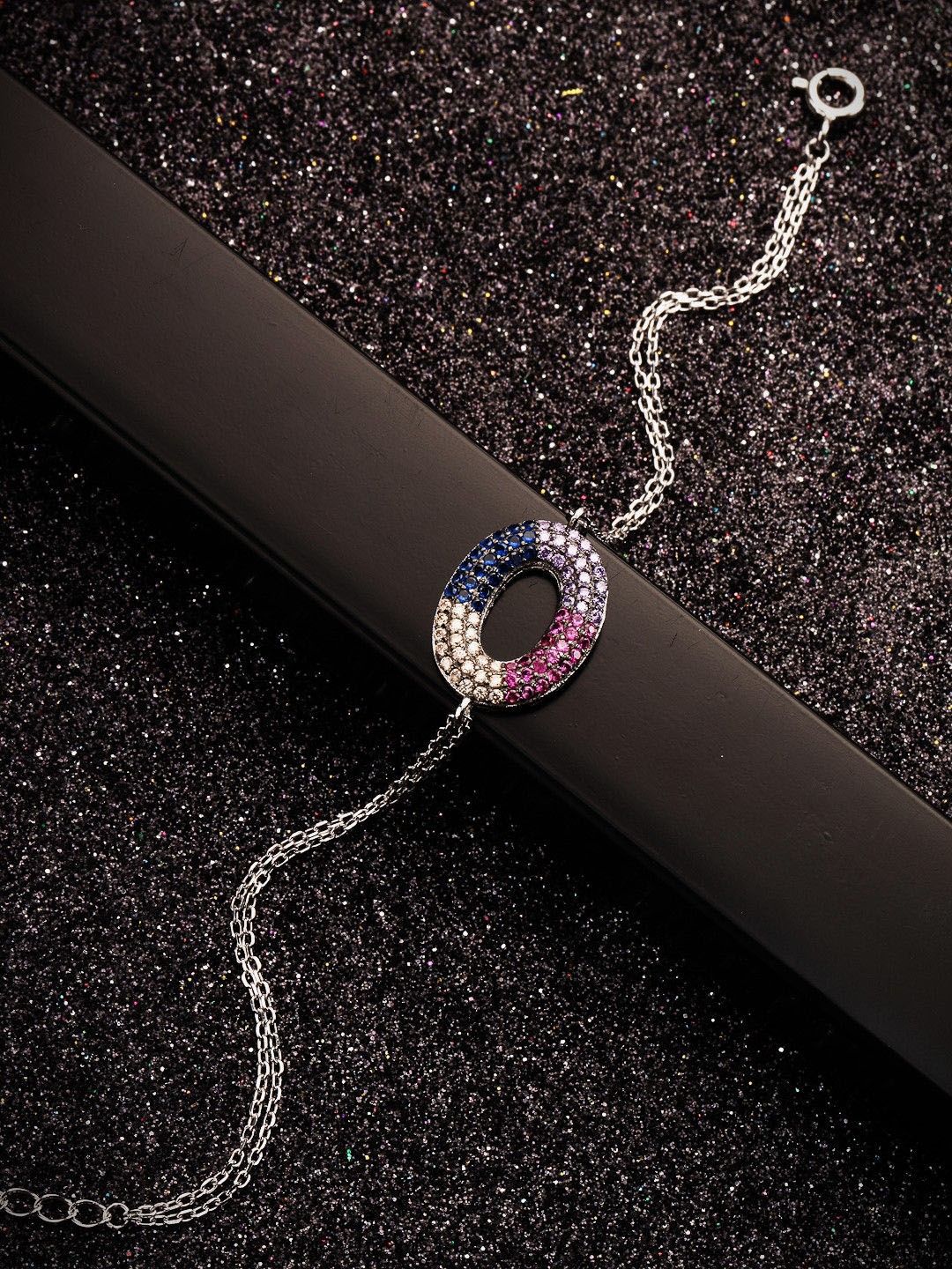 PANASH 925 Sterling Silver Rhodium-Plated Cubic Zirconia Studded Multistrand Bracelet