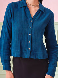 AND Women Solid Shirt Collar Cotton Top